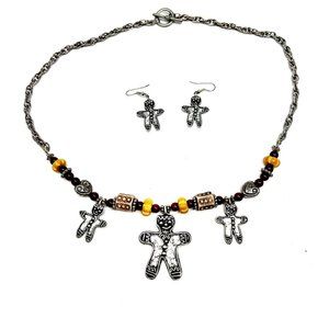 Marcie USA Vintage Earrings & Necklace Set -  Pewter Gingerbread Man Charm